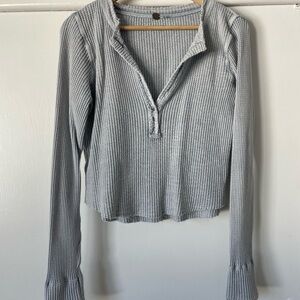 Free People Light Gray Waffle Knit Long Sleeve Top
